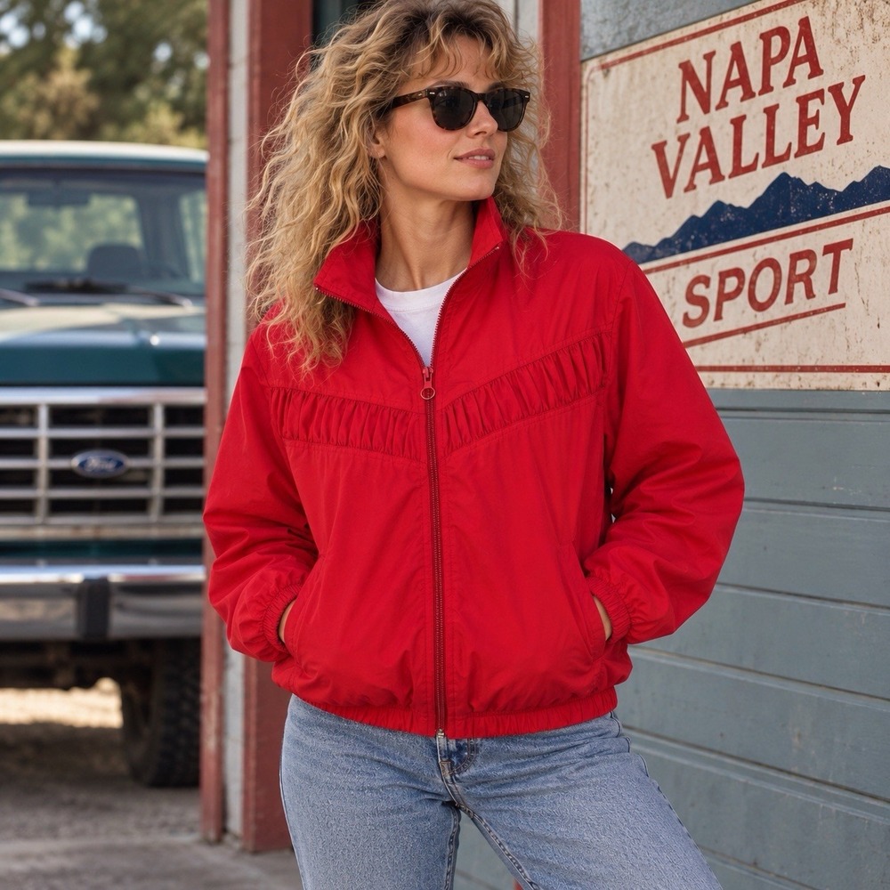 VTG 80s Napa Valley Sport Jacket Womens L Red Ruffle Bomber Retro Grannycore